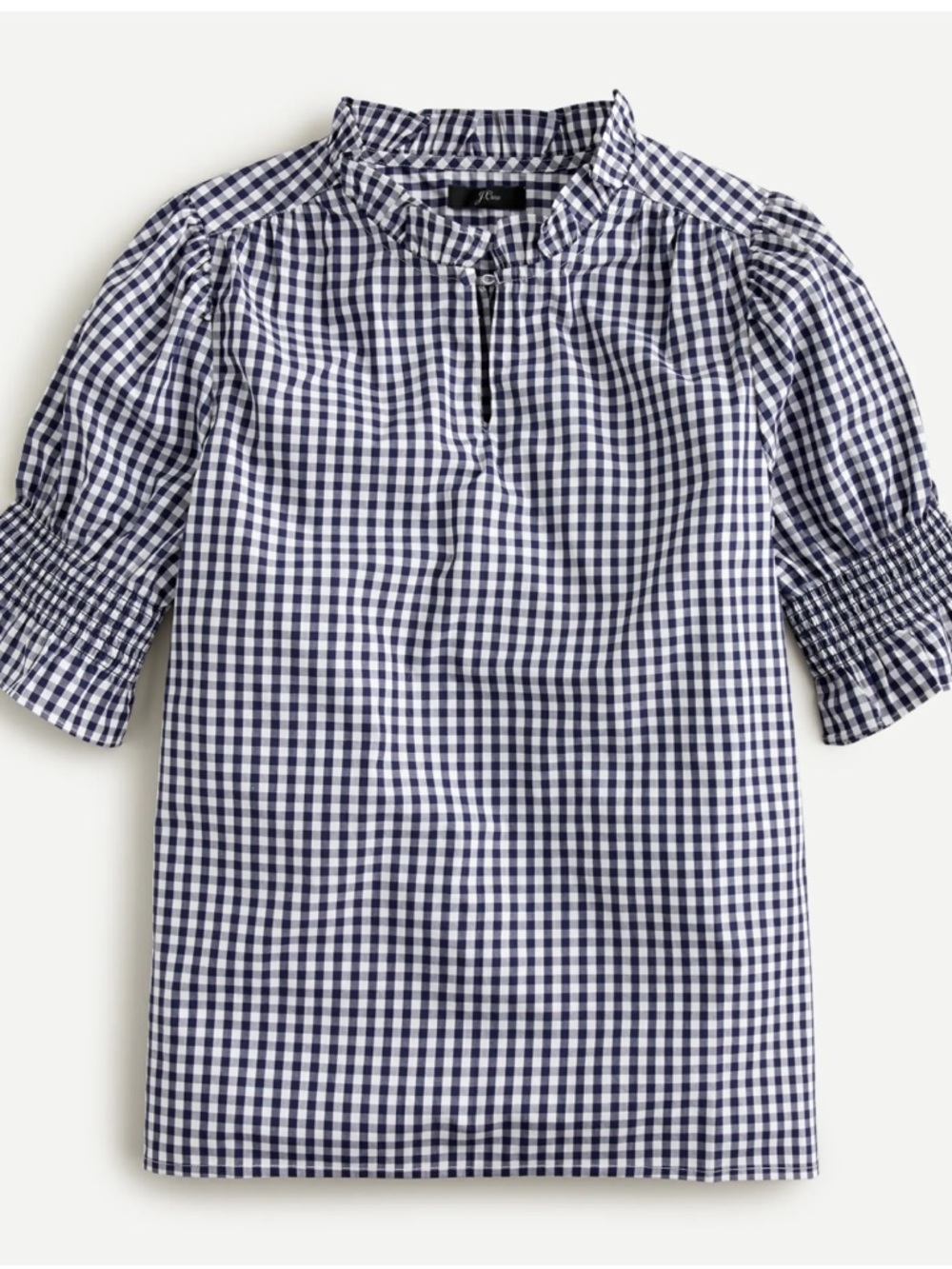 J. Crew Navy and White Gingham Short Sleeve Peasant Top